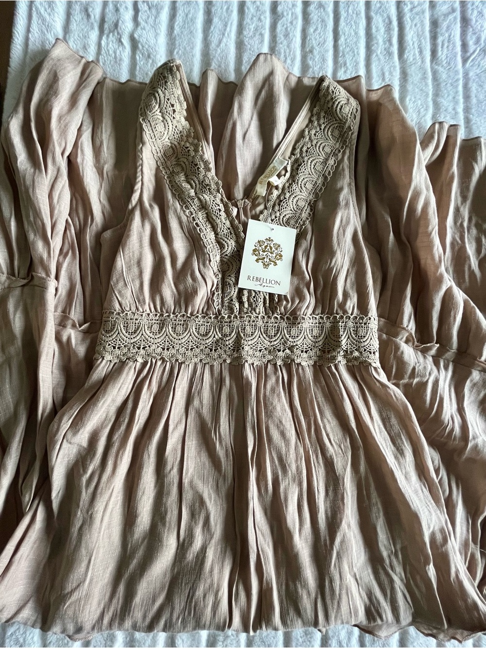 Rebellion Cottagecore Boho Taupe Crochet Lace-Trim Tiered Maxi Dress US M ✨NWT - Picture 16 of 16